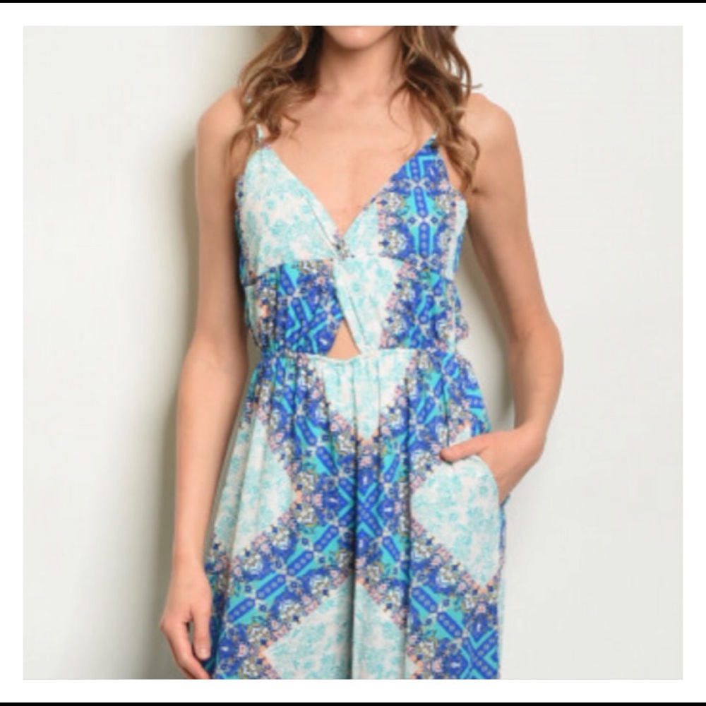 PALED TURQUOISE & ROYAL BLUE PRINT JUMPSUIT - Picture 2 of 6